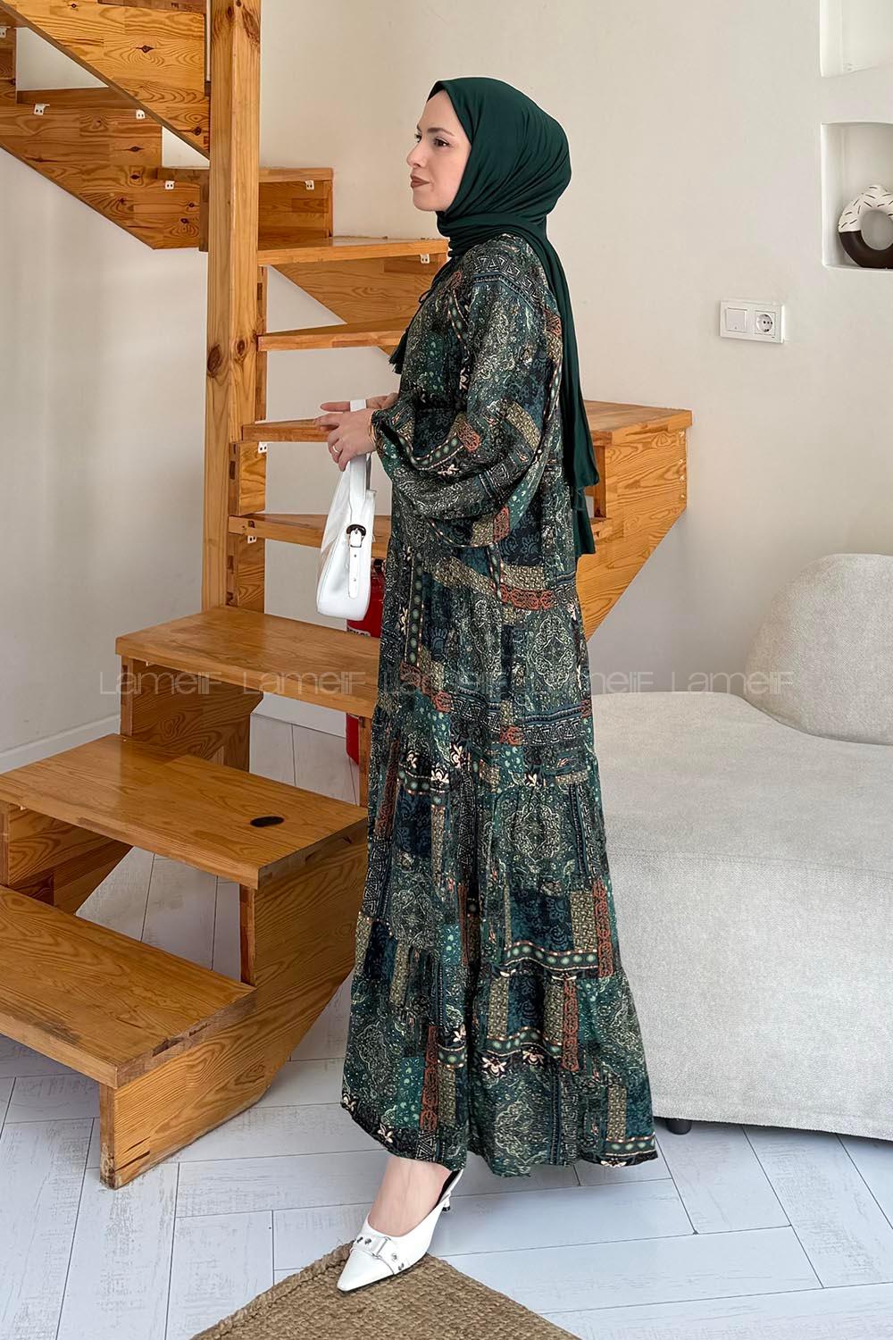 Lamelif Viskon Etnik Desenli Püskül Detaylı Elbise Koyu Yeşil