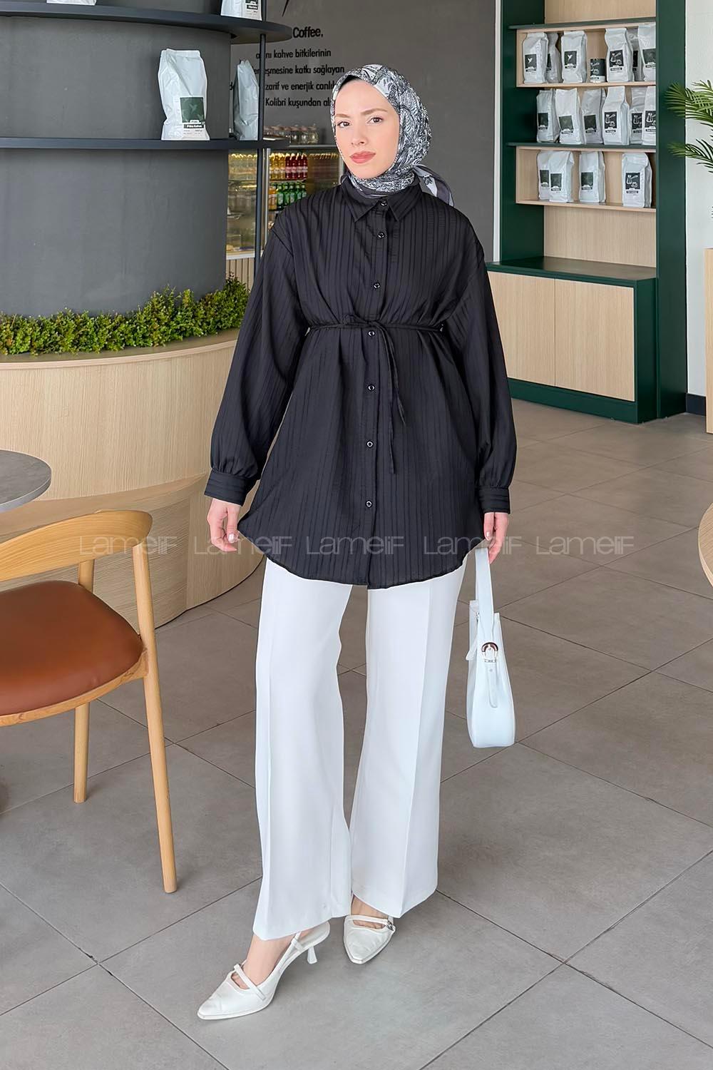 Lamelif İp Bağlamalı Crashlı Tesettür Gömlek Siyah