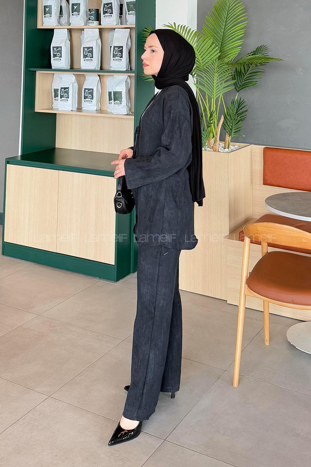 Lamelif Batikli Keten Takım Siyah