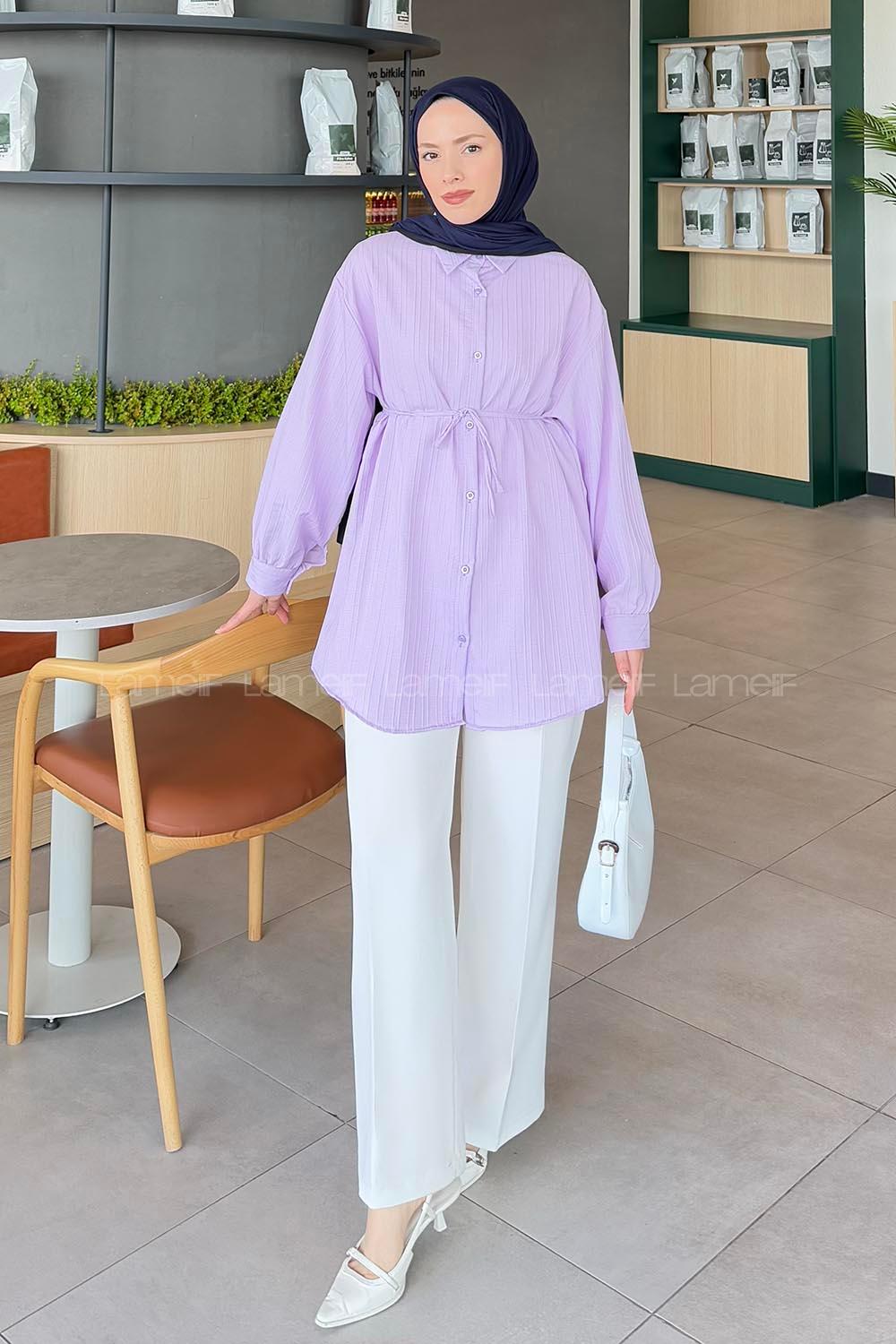 Lamelif İp Bağlamalı Crashlı Tesettür Gömlek Lila