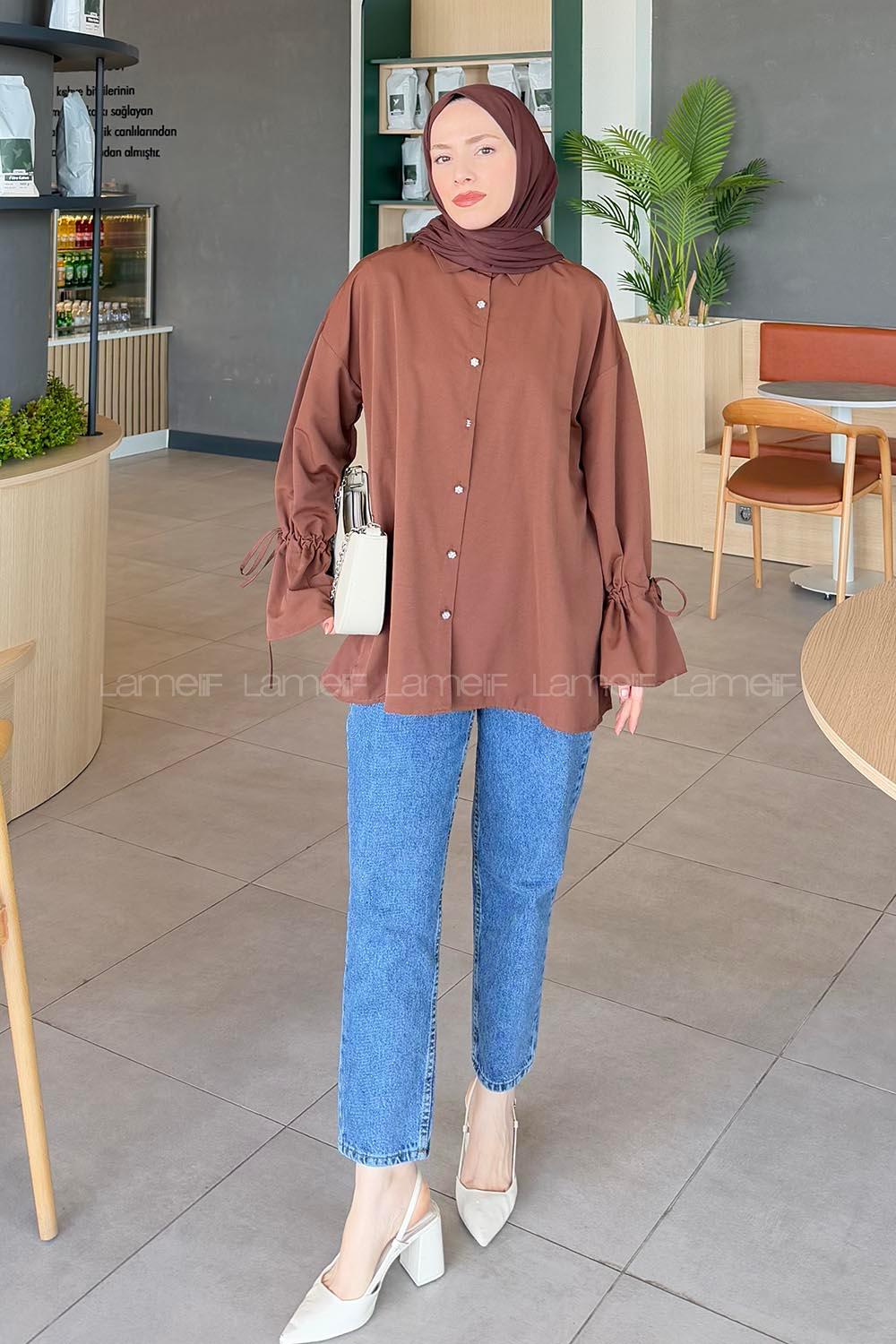 Lamelif Kol Tünel İp Detaylı Gömlek Acı Kahve