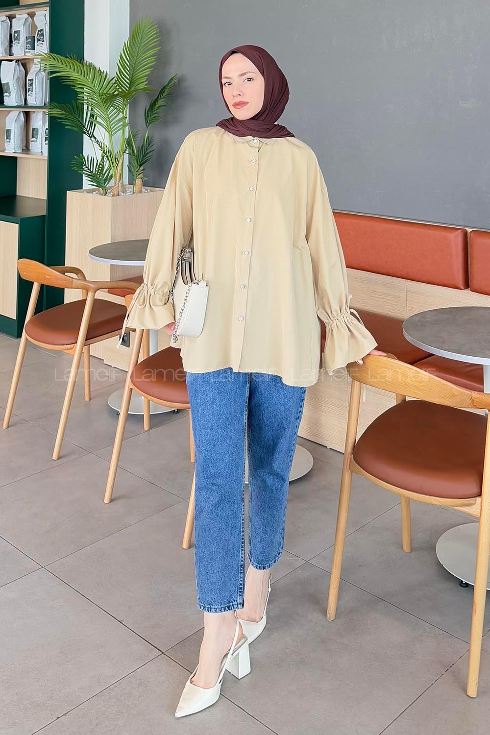 Lamelif Kol Tünel İp Detaylı Gömlek Bej