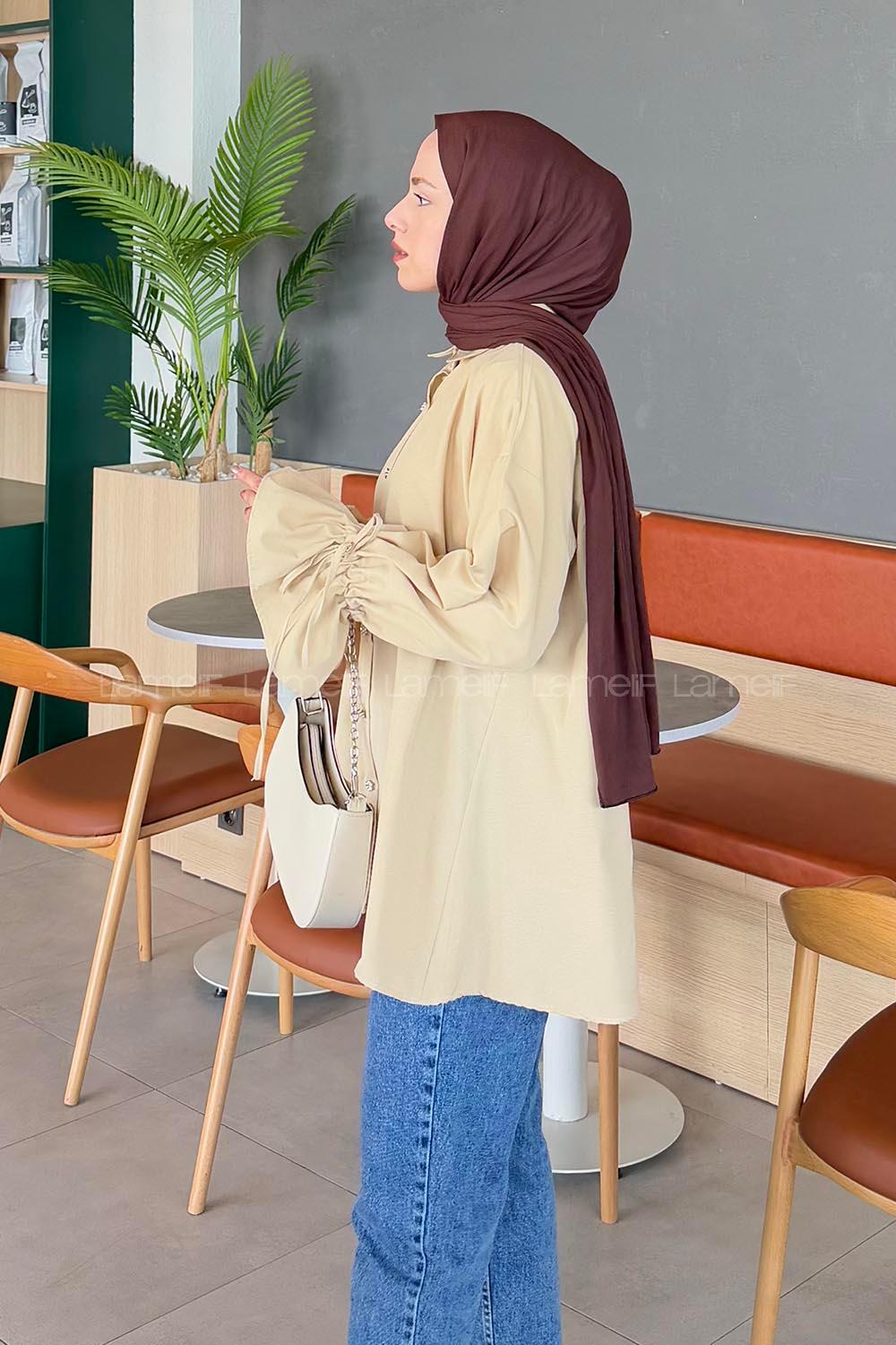 Lamelif Kol Tünel İp Detaylı Gömlek Bej