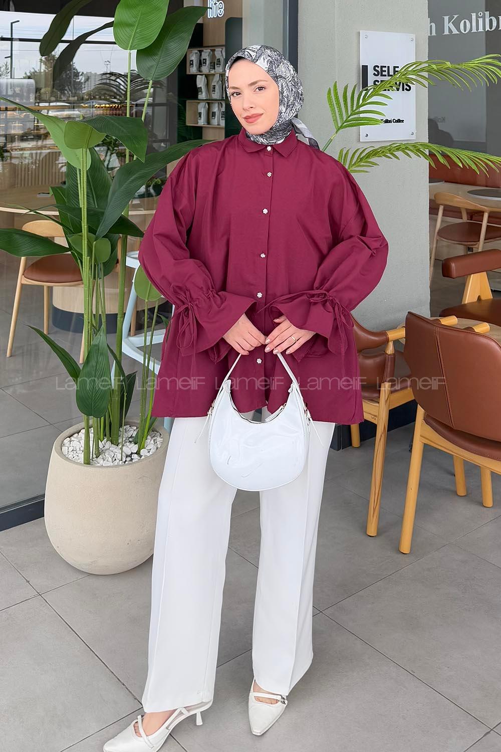 Lamelif Kol Tünel İp Detaylı Gömlek Bordo