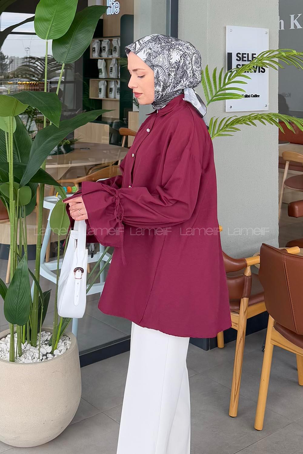 Lamelif Kol Tünel İp Detaylı Gömlek Bordo