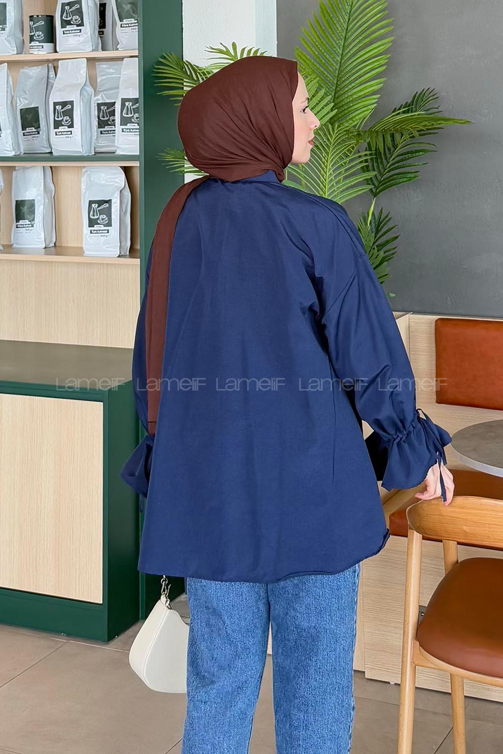 Lamelif Kol Tünel İp Detaylı Gömlek Lacivert