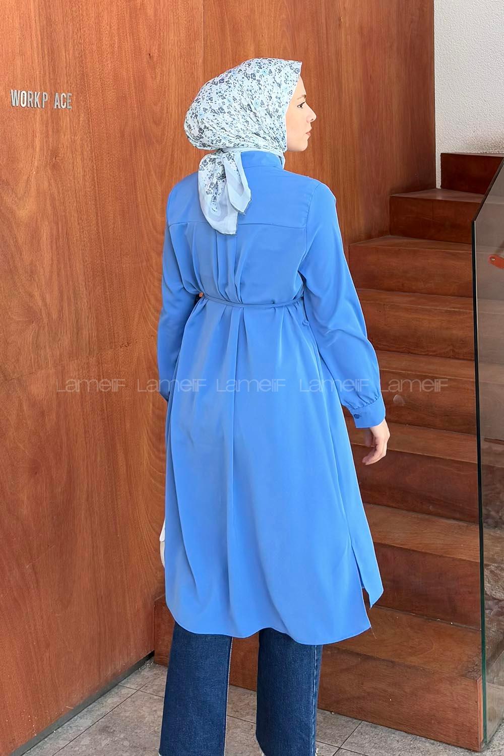 Lamelif Bağlama Detaylı Uzun Tesettür Tunik İndigo