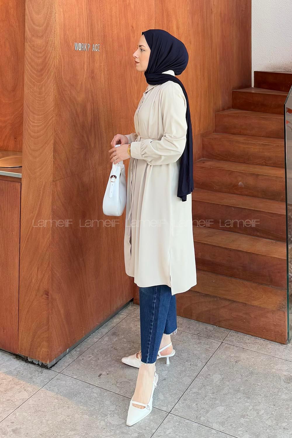 Lamelif Bağlama Detaylı Uzun Tesettür Tunik Taş Rengi