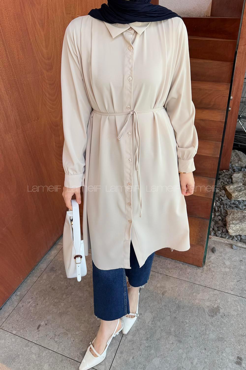 Lamelif Bağlama Detaylı Uzun Tesettür Tunik Taş Rengi