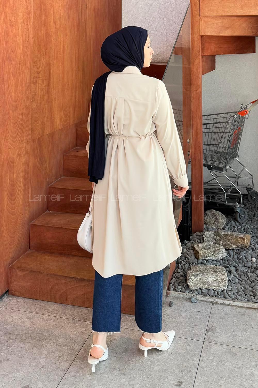 Lamelif Bağlama Detaylı Uzun Tesettür Tunik Taş Rengi