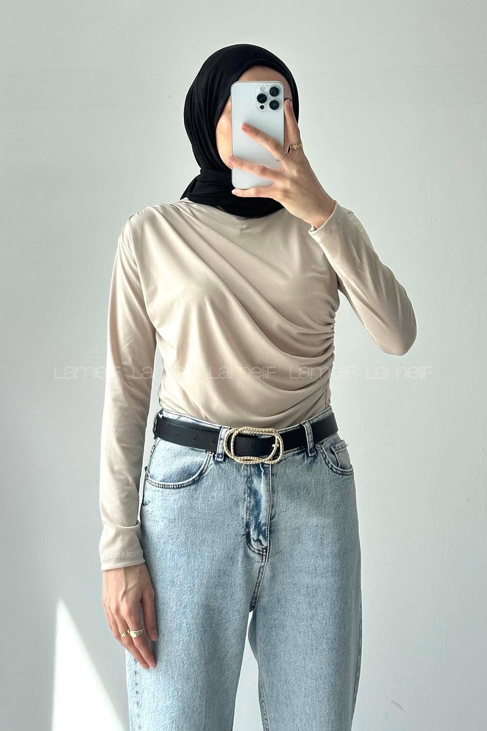 Lamelif Bisiklet Yaka Büzgü Detaylı Sandy Body  Bej