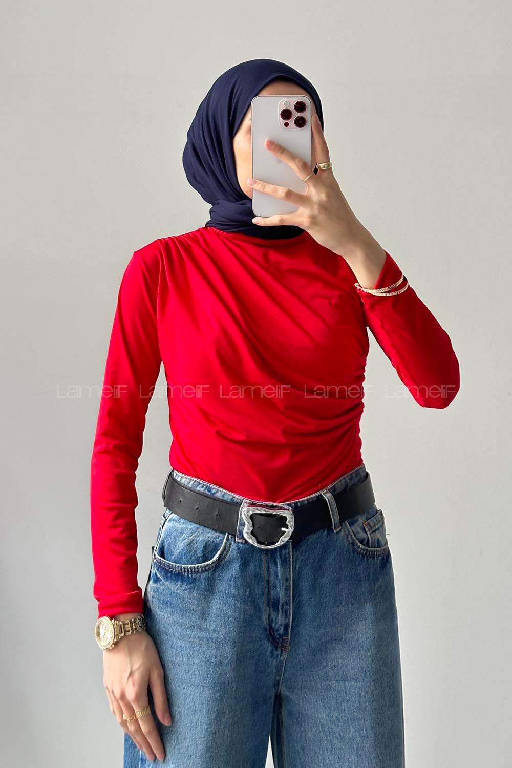 Lamelif Bisiklet Yaka Büzgü Detaylı Sandy Body Nar Çiçeği