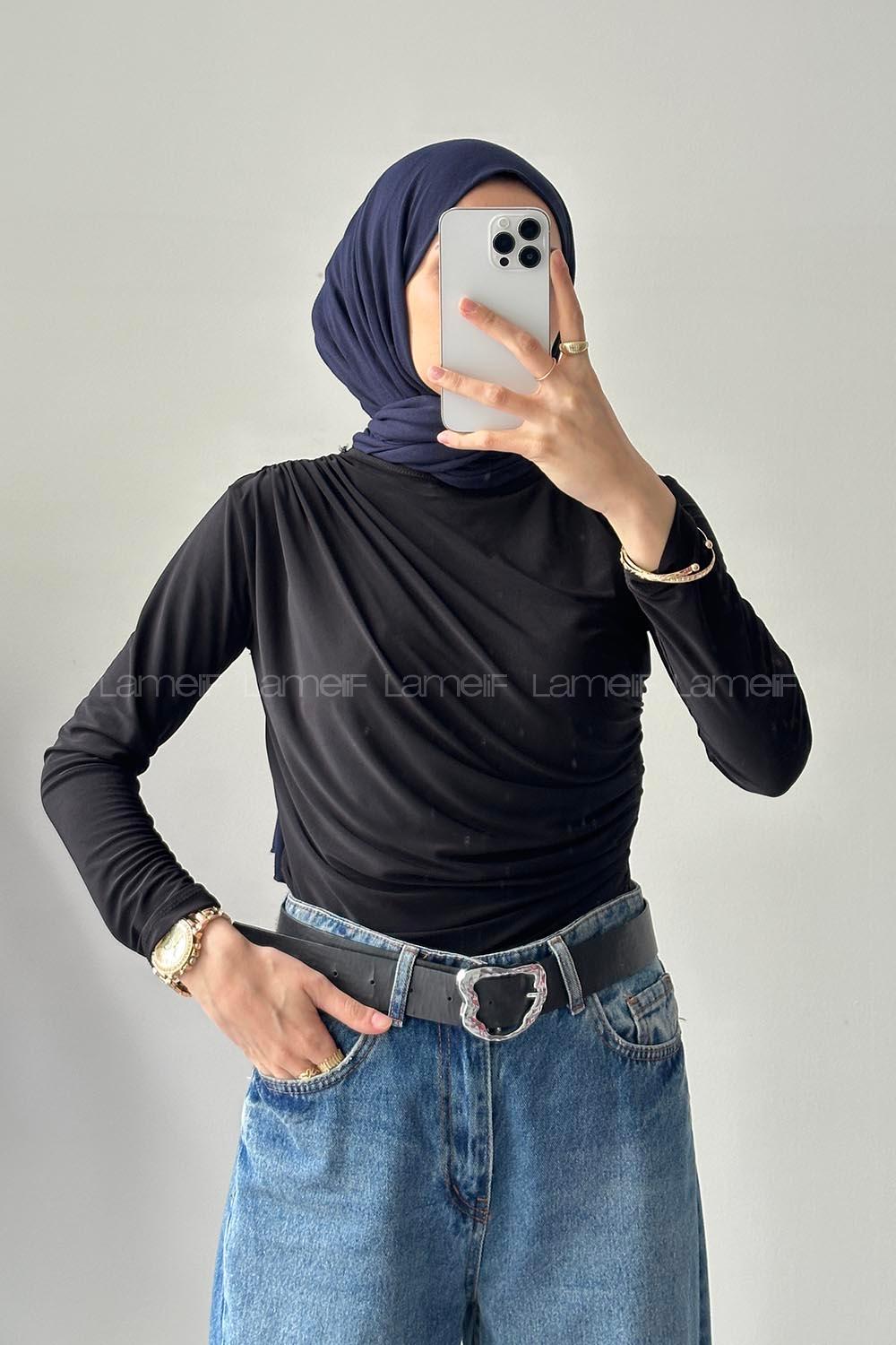 Lamelif Bisiklet Yaka Büzgü Detaylı Sandy Body Siyah