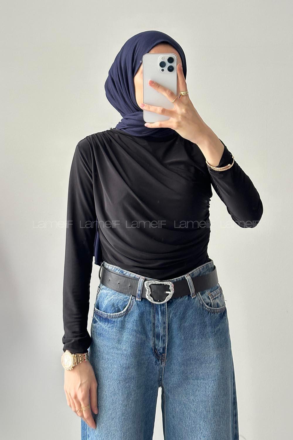 Lamelif Bisiklet Yaka Büzgü Detaylı Sandy Body Siyah