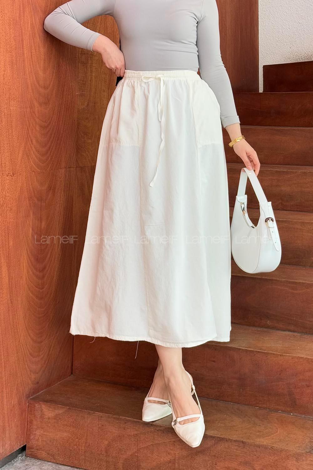 Lamelif Yandan Cepli Parçalı Tesettür Etek Beyaz