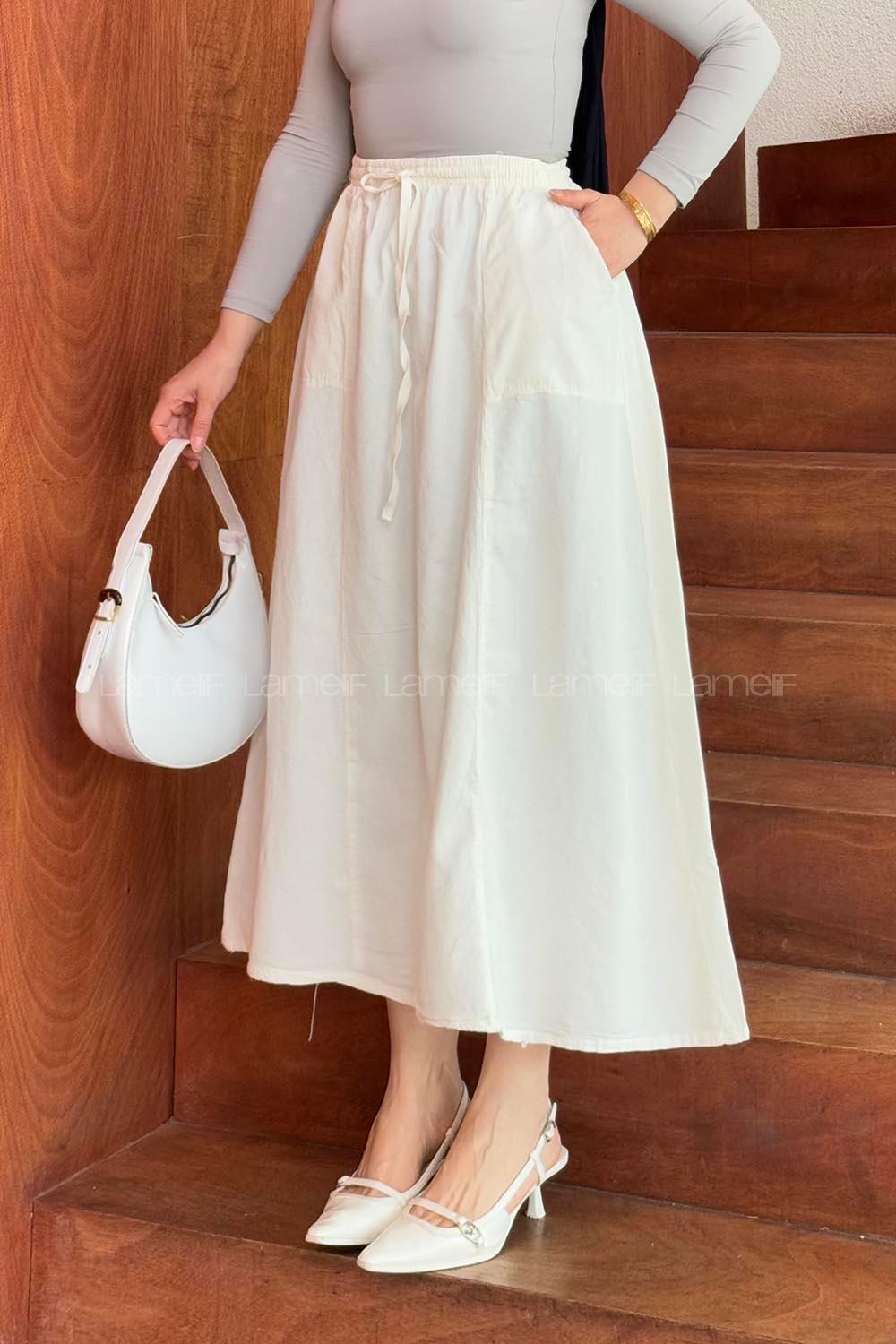 Lamelif Yandan Cepli Parçalı Tesettür Etek Beyaz