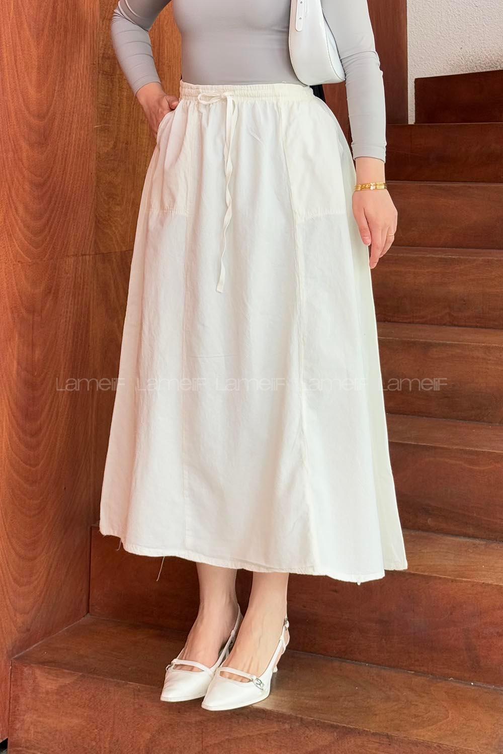 Lamelif Yandan Cepli Parçalı Tesettür Etek Beyaz