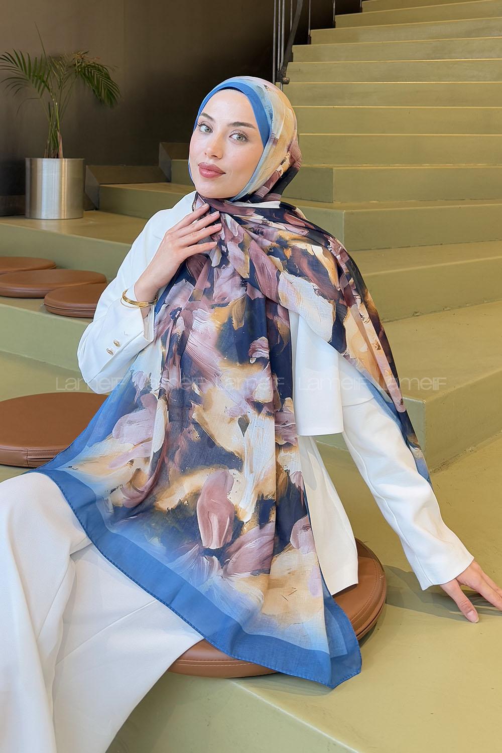 Lamelif Elegan Desen Soft  Şal Kot Mavisi