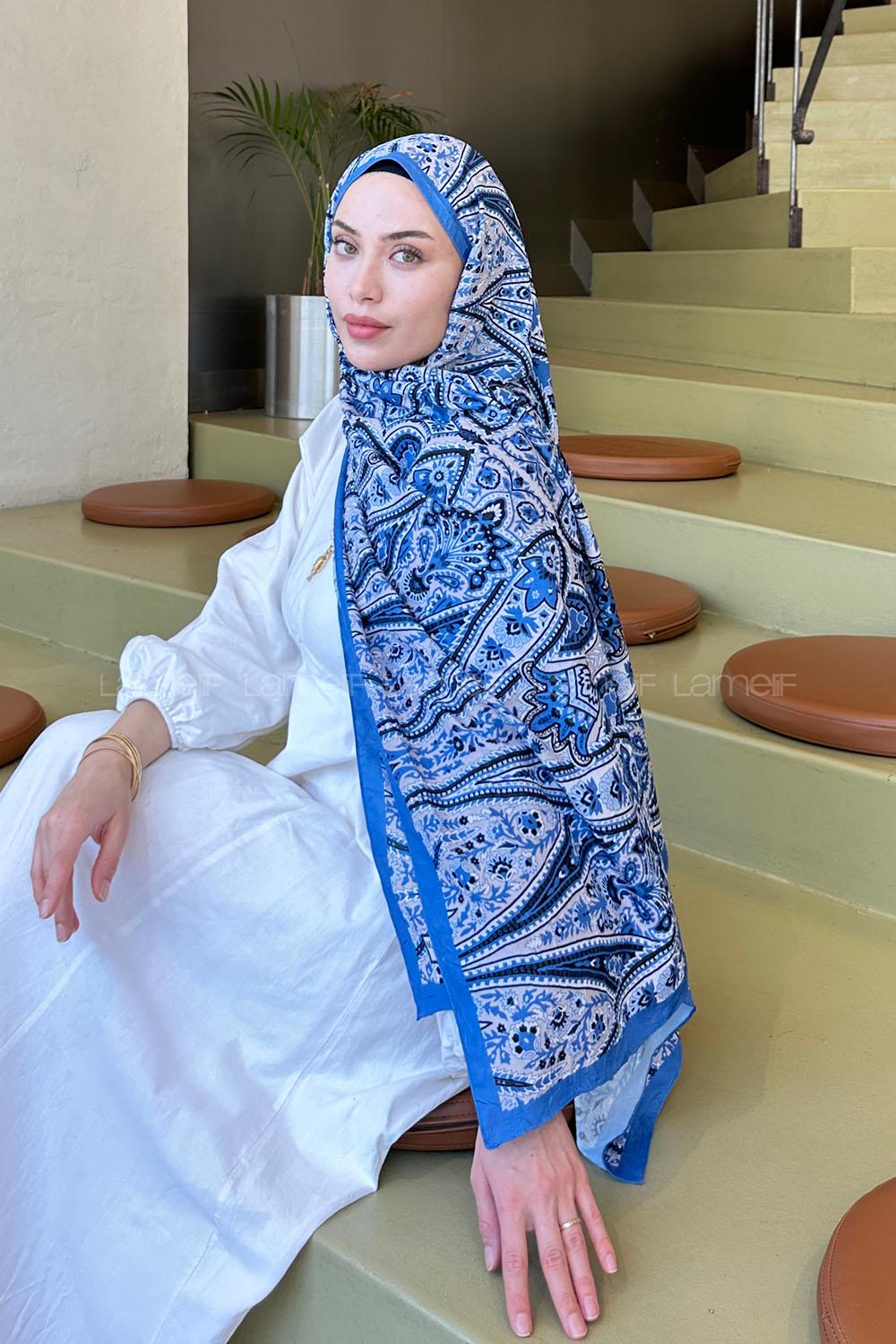 Lamelif Retro Desen Bambu Şal Kot Mavisi