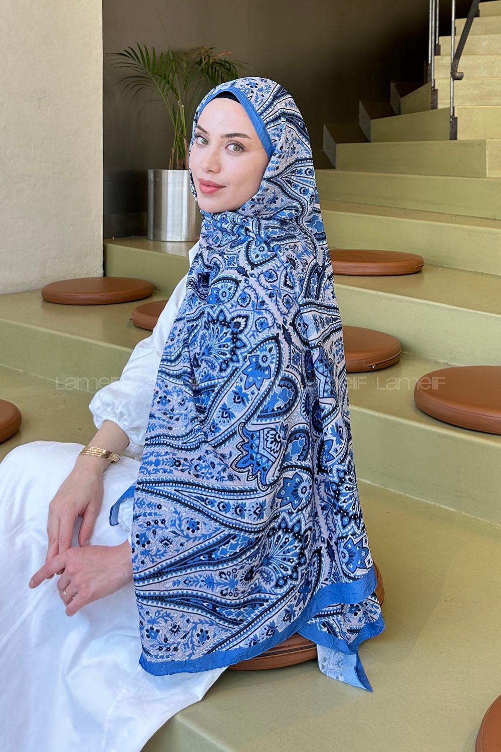 Lamelif Retro Desen Bambu Şal Kot Mavisi