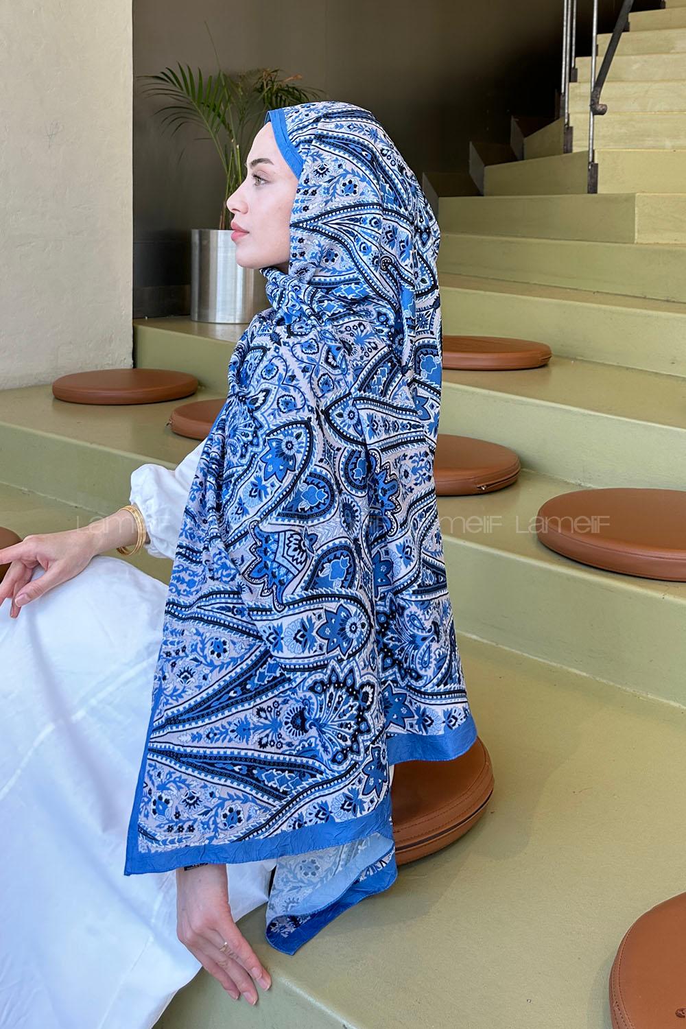 Lamelif Retro Desen Bambu Şal Kot Mavisi