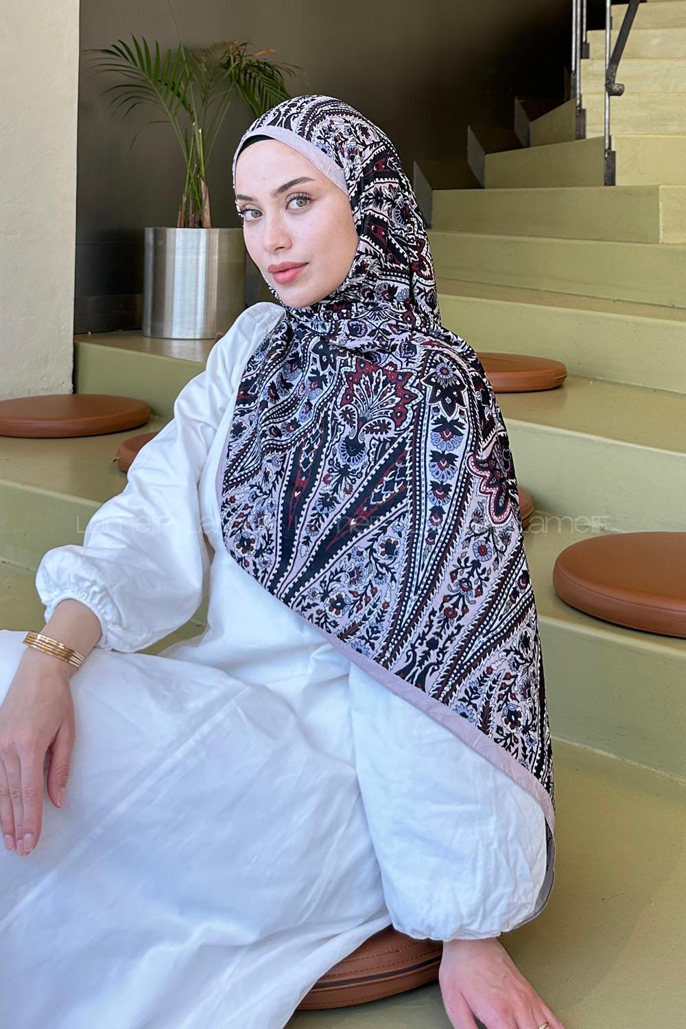Lamelif Retro Desen Bambu Şal Vizon Siyah