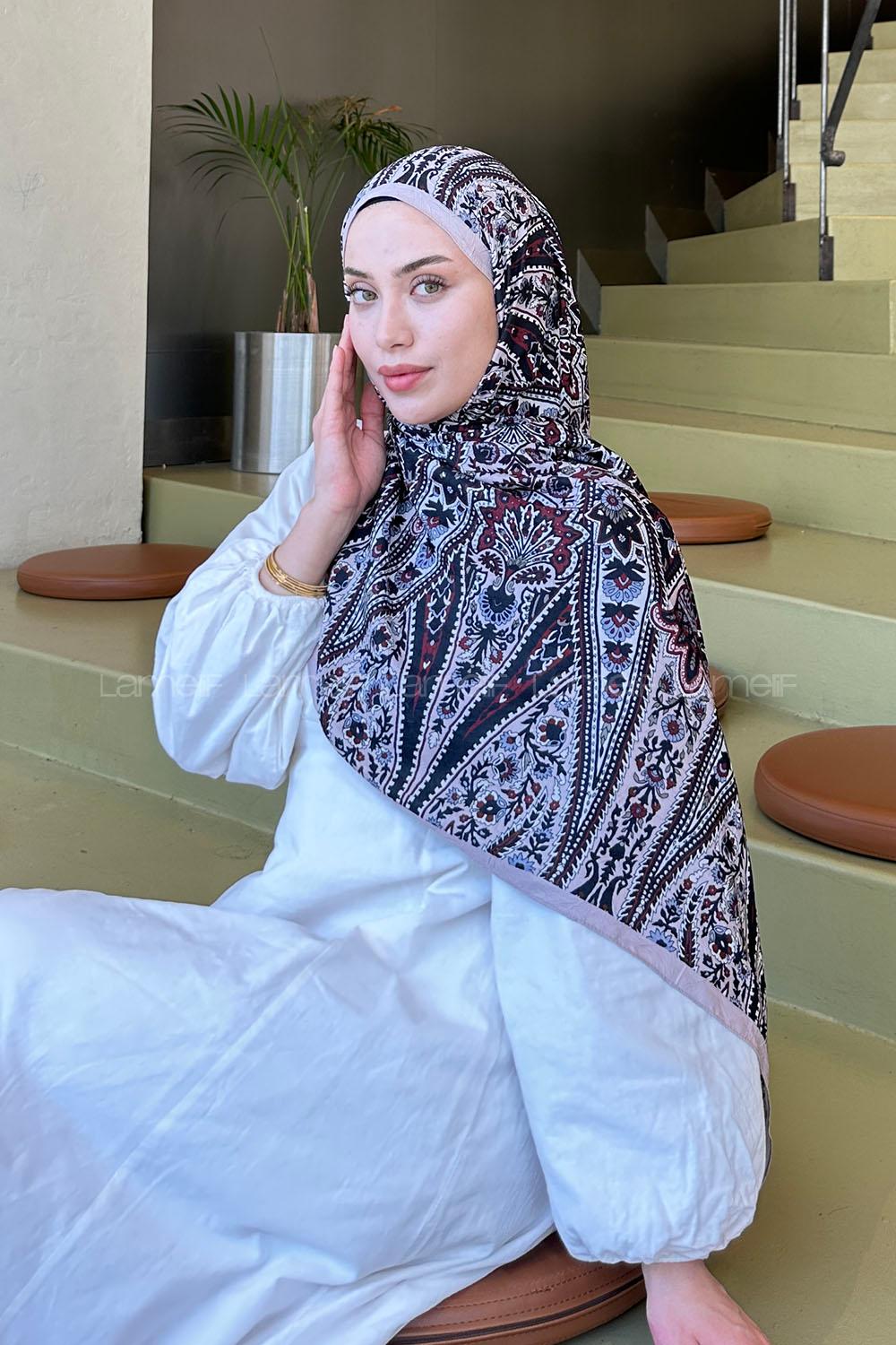 Lamelif Retro Desen Bambu Şal Vizon Siyah