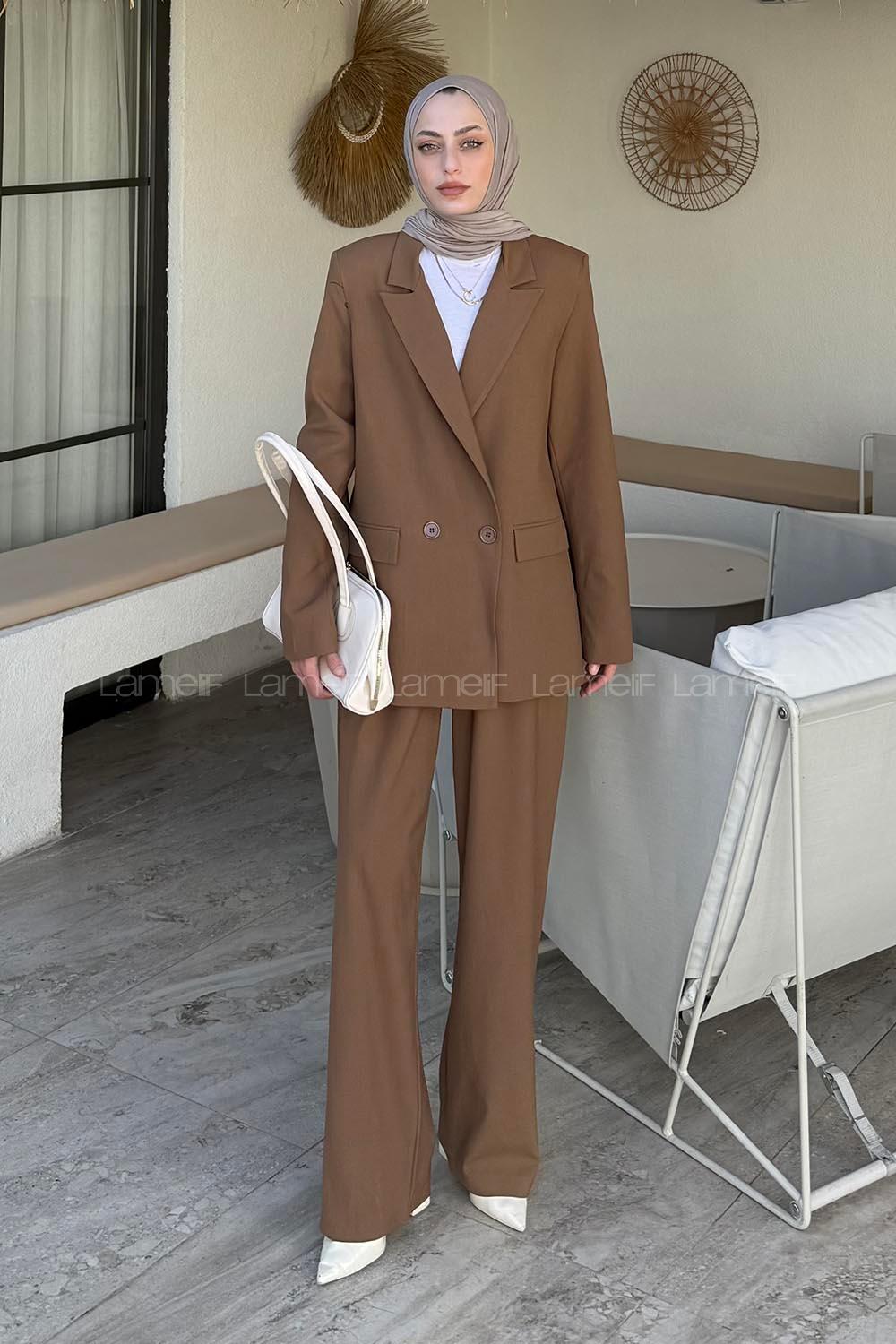 Lamelif Çift Düğmeli Ceket Tesettür Takım Kahve Rengi
