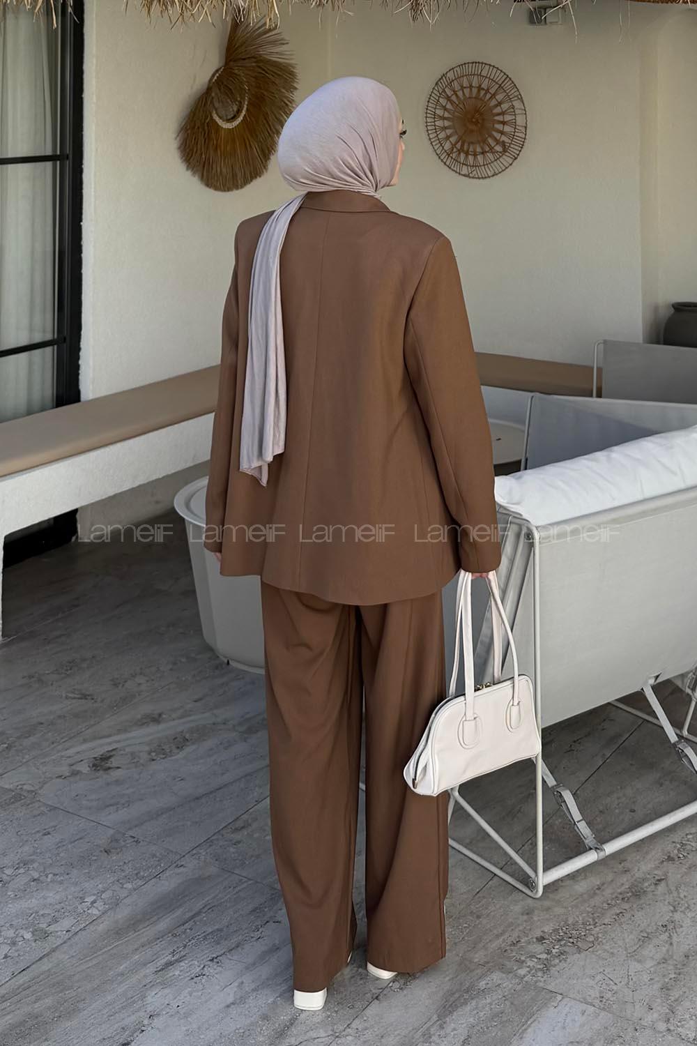 Lamelif Çift Düğmeli Ceket Tesettür Takım Kahve Rengi