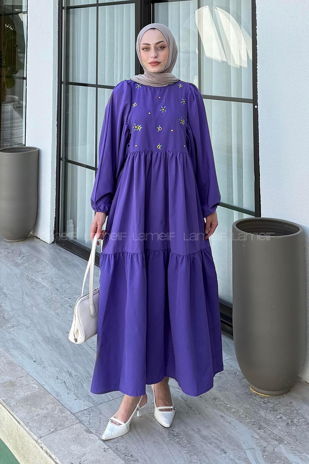 Purble Crew Neck Cotton Printed Dresess