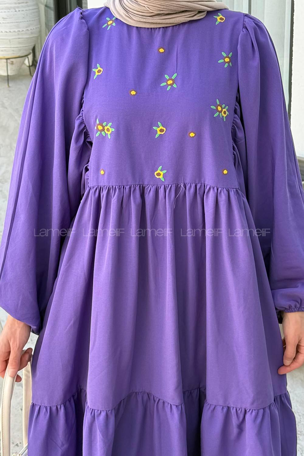 Purble Crew Neck Cotton Printed Dresess