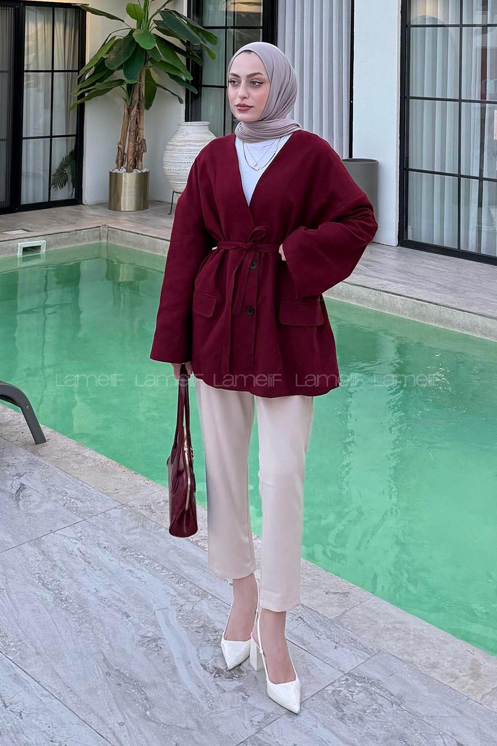 Lamelif Keten Ceket Bordo