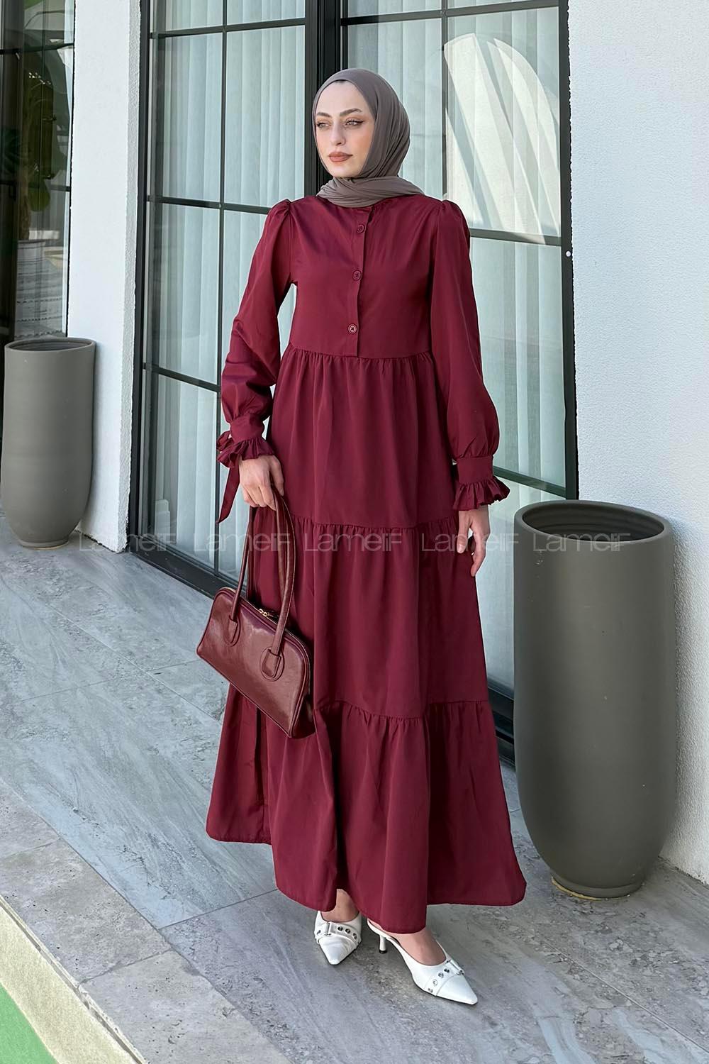 Lamelif Kol Bağlama Detaylı Tesettür Elbise Bordo
