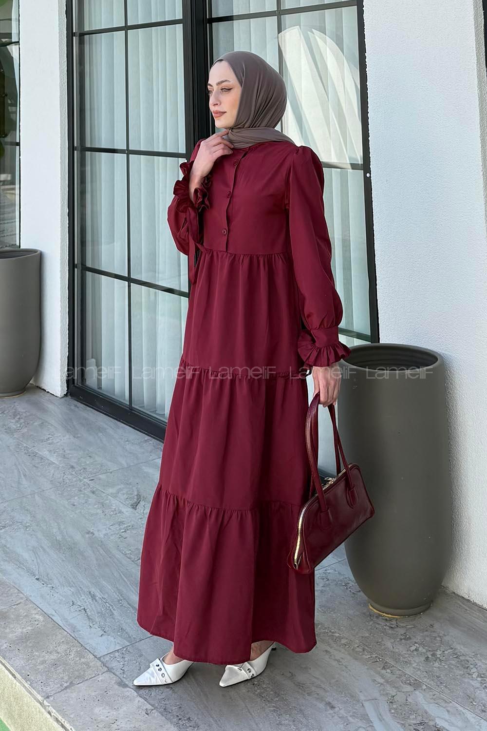 Lamelif Kol Bağlama Detaylı Tesettür Elbise Bordo