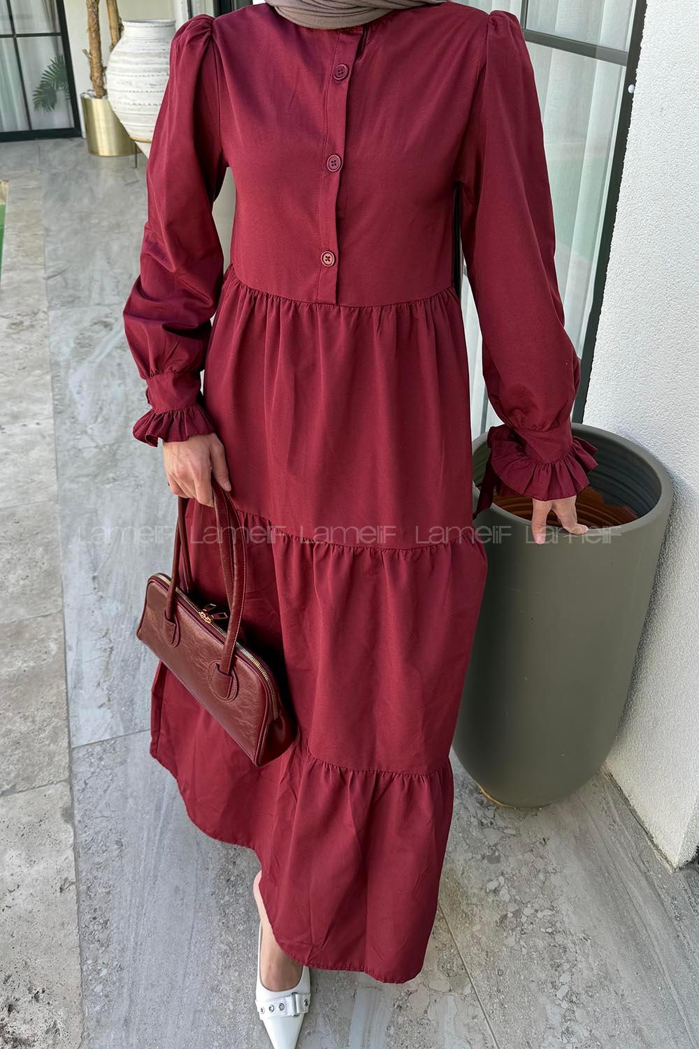 Lamelif Kol Bağlama Detaylı Tesettür Elbise Bordo