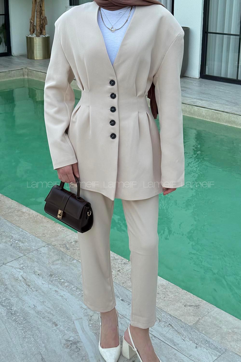 Lamelif Pensli Ceket-Pantolon İkili Takım Taş Rengi