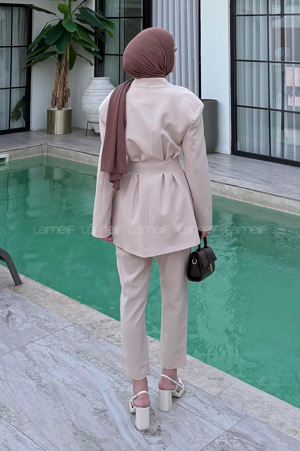 Lamelif Pensli Ceket-Pantolon İkili Takım Taş Rengi