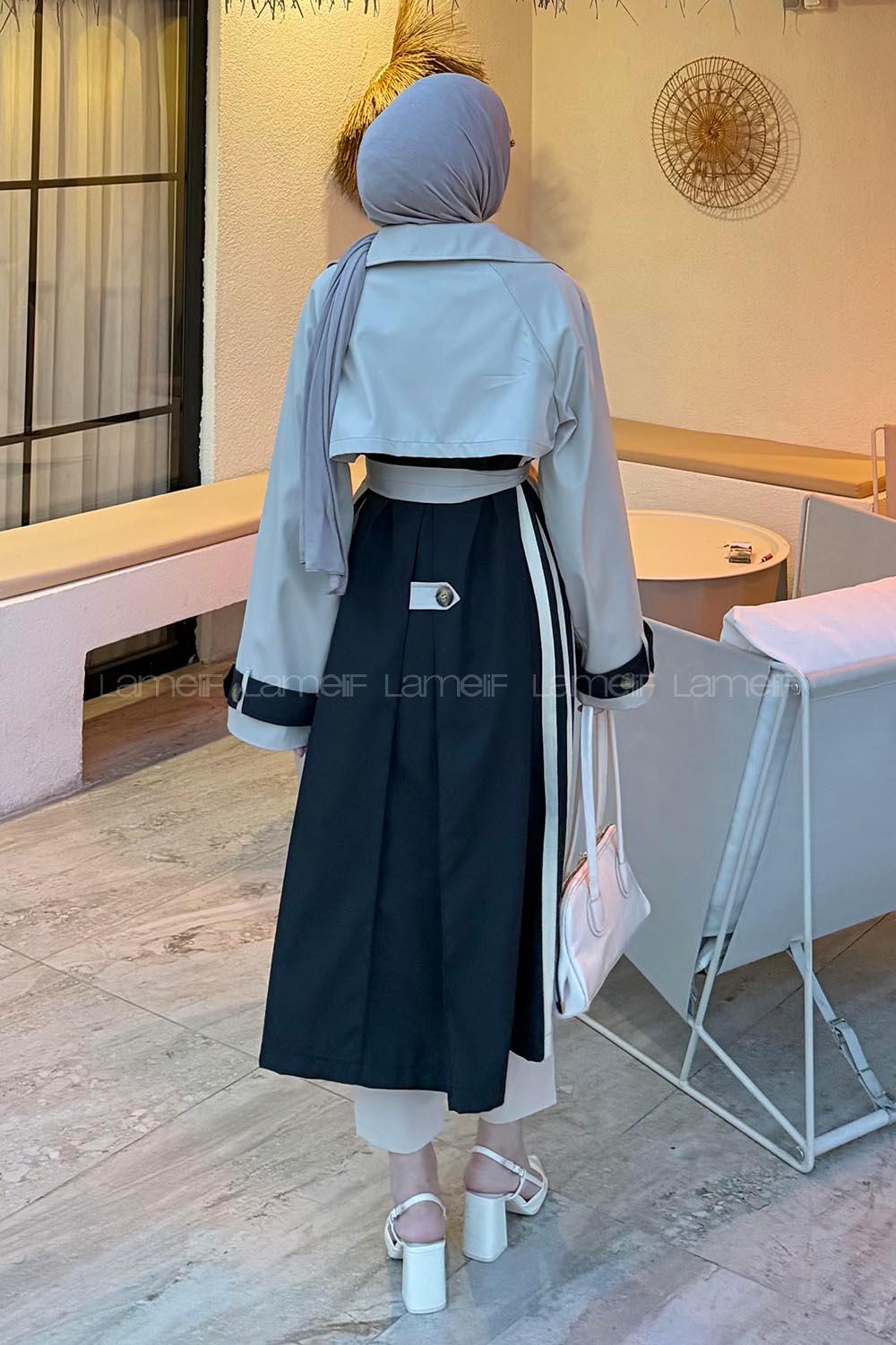 Lamelif Şerit Detay Kuşaklı Trenç Siyah