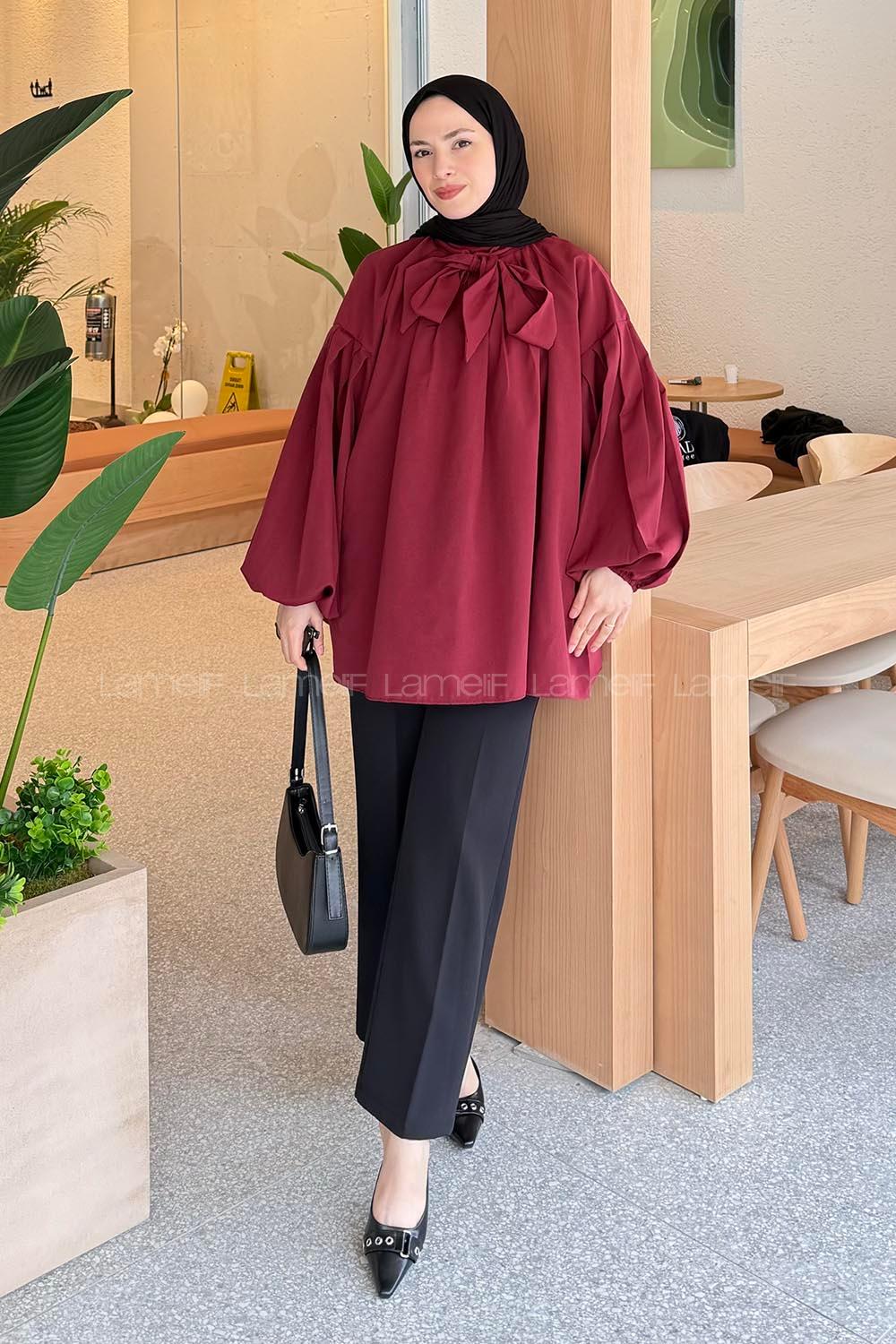 Lamelif Yaka Fular Detaylı Gömlek Bordo