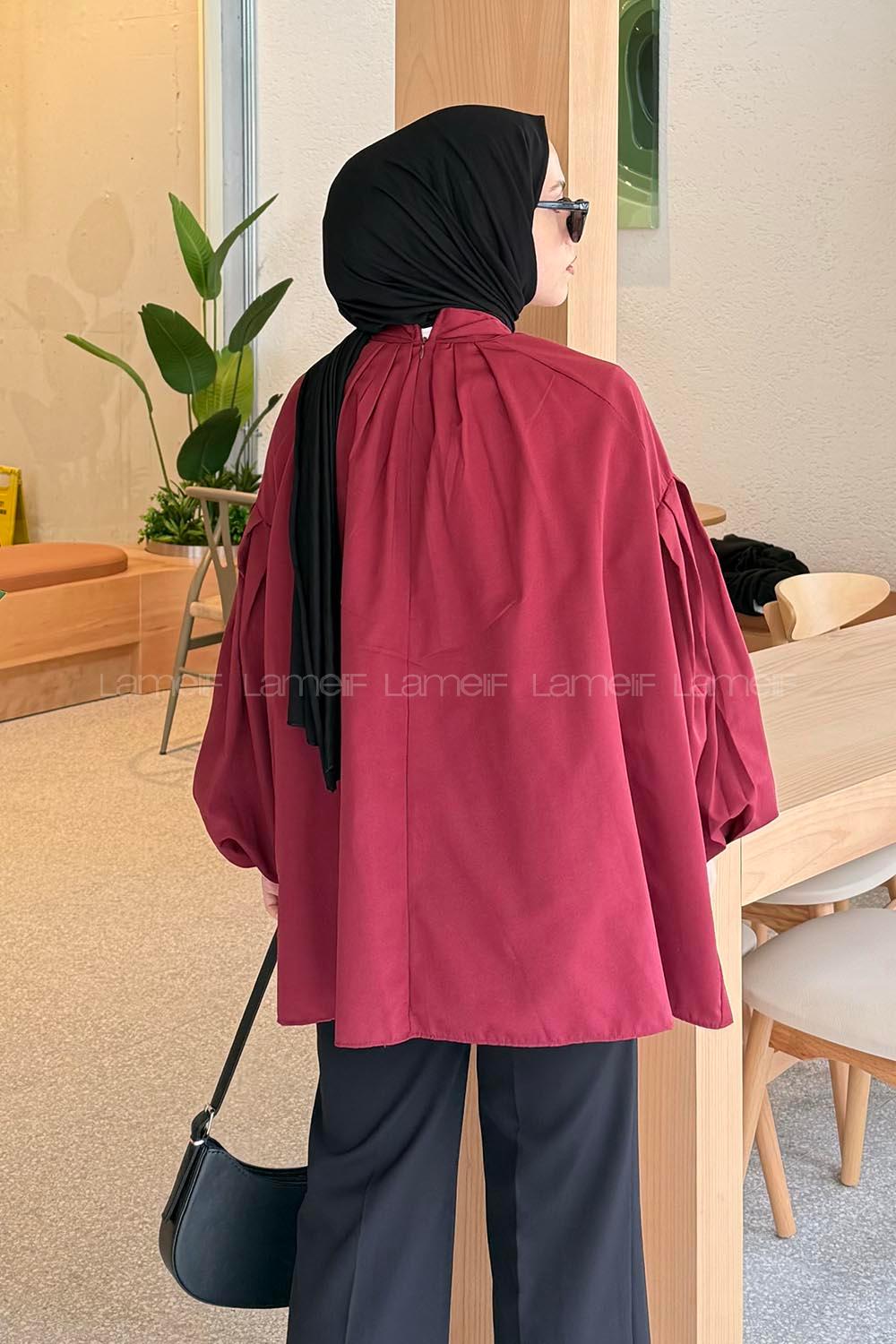 Lamelif Yaka Fular Detaylı Gömlek Bordo