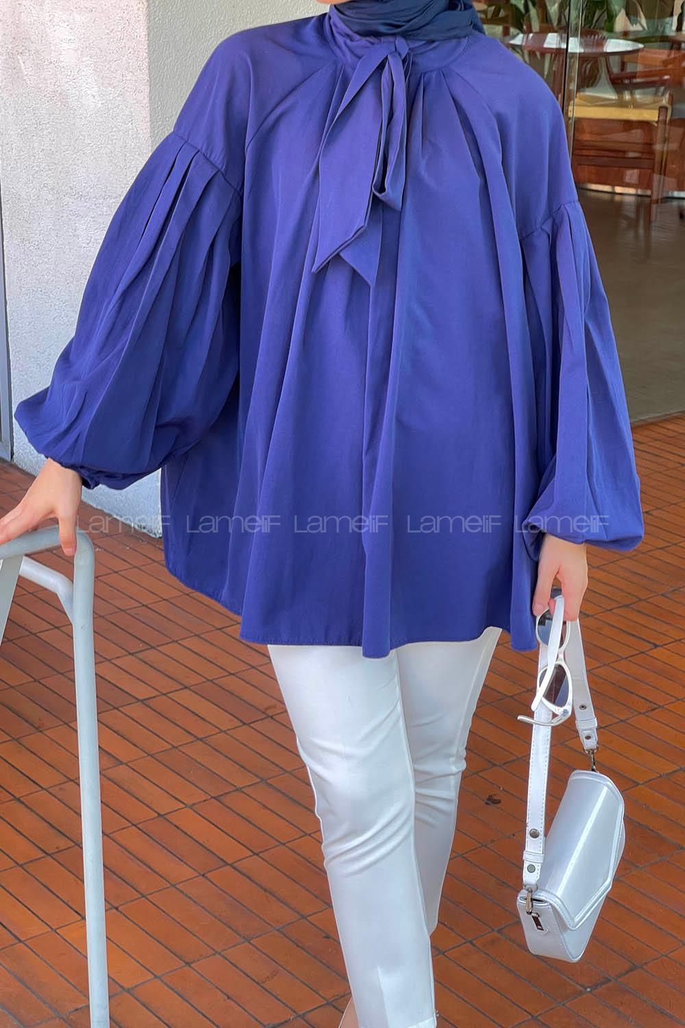 Lamelif Yaka Fular Detaylı Gömlek Lacivert