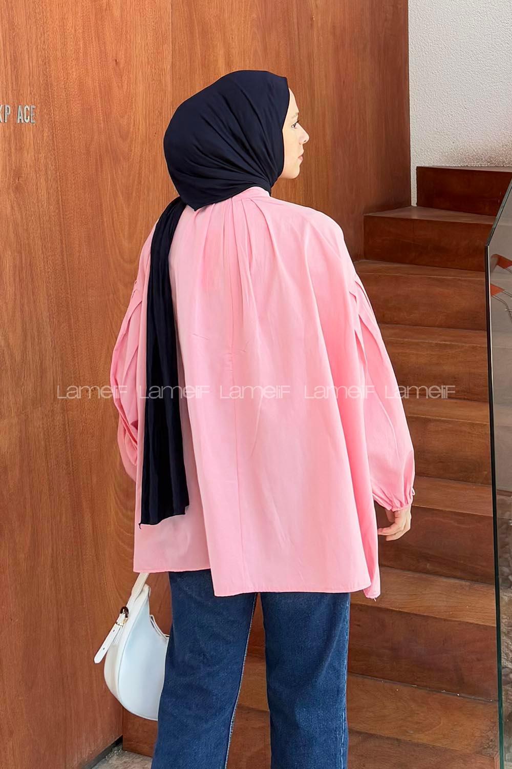 Lamelif Yaka Fular Detaylı Gömlek Şeker Pembesi