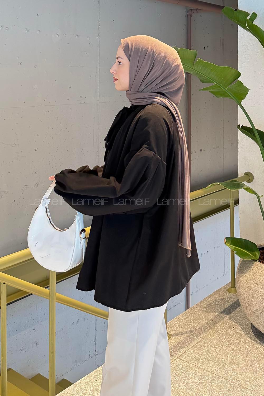 Lamelif Yaka Fular Detaylı Gömlek Siyah