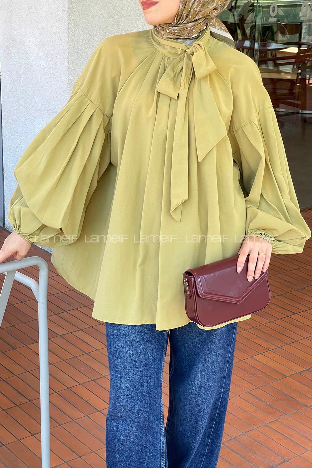 Lamelif Yaka Fular Detaylı Gömlek Yağ Yeşili