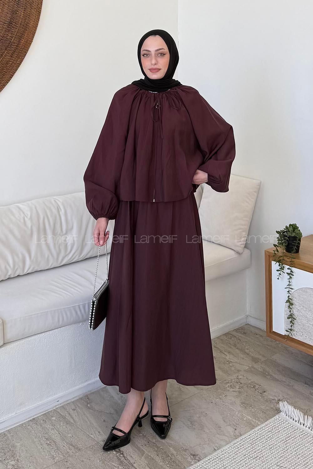 Lamelif Büzgü Detaylı Etekli Tesettür Takım Bordo