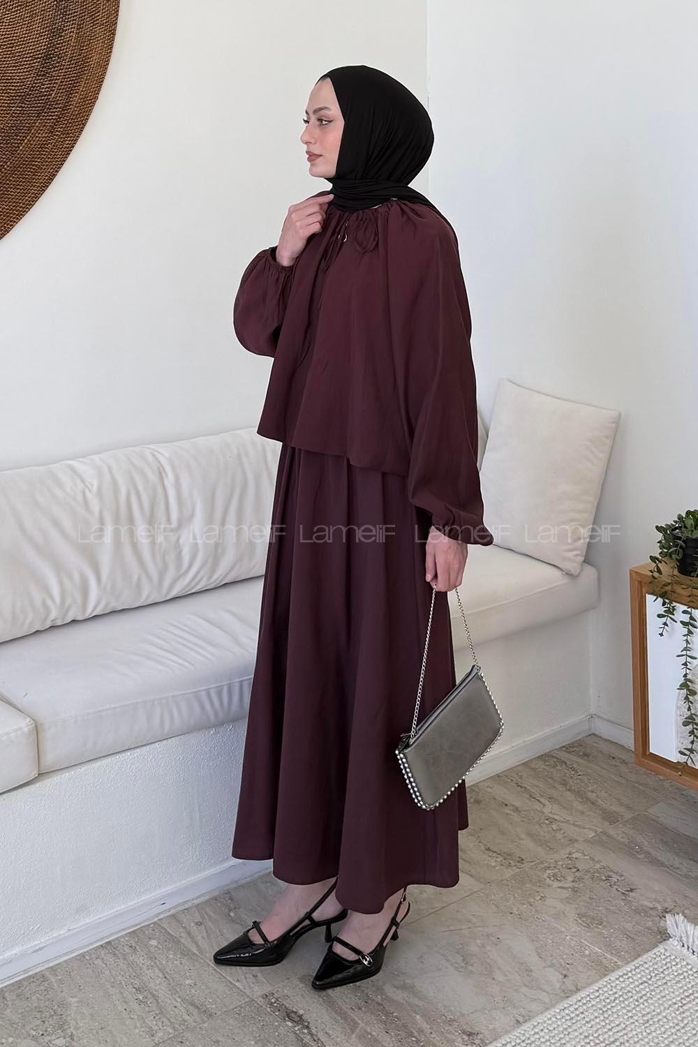 Lamelif Büzgü Detaylı Etekli Tesettür Takım Bordo