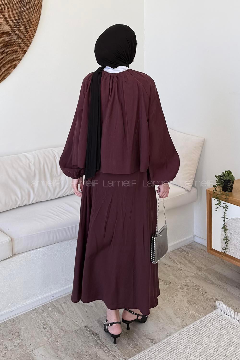 Lamelif Büzgü Detaylı Etekli Tesettür Takım Bordo