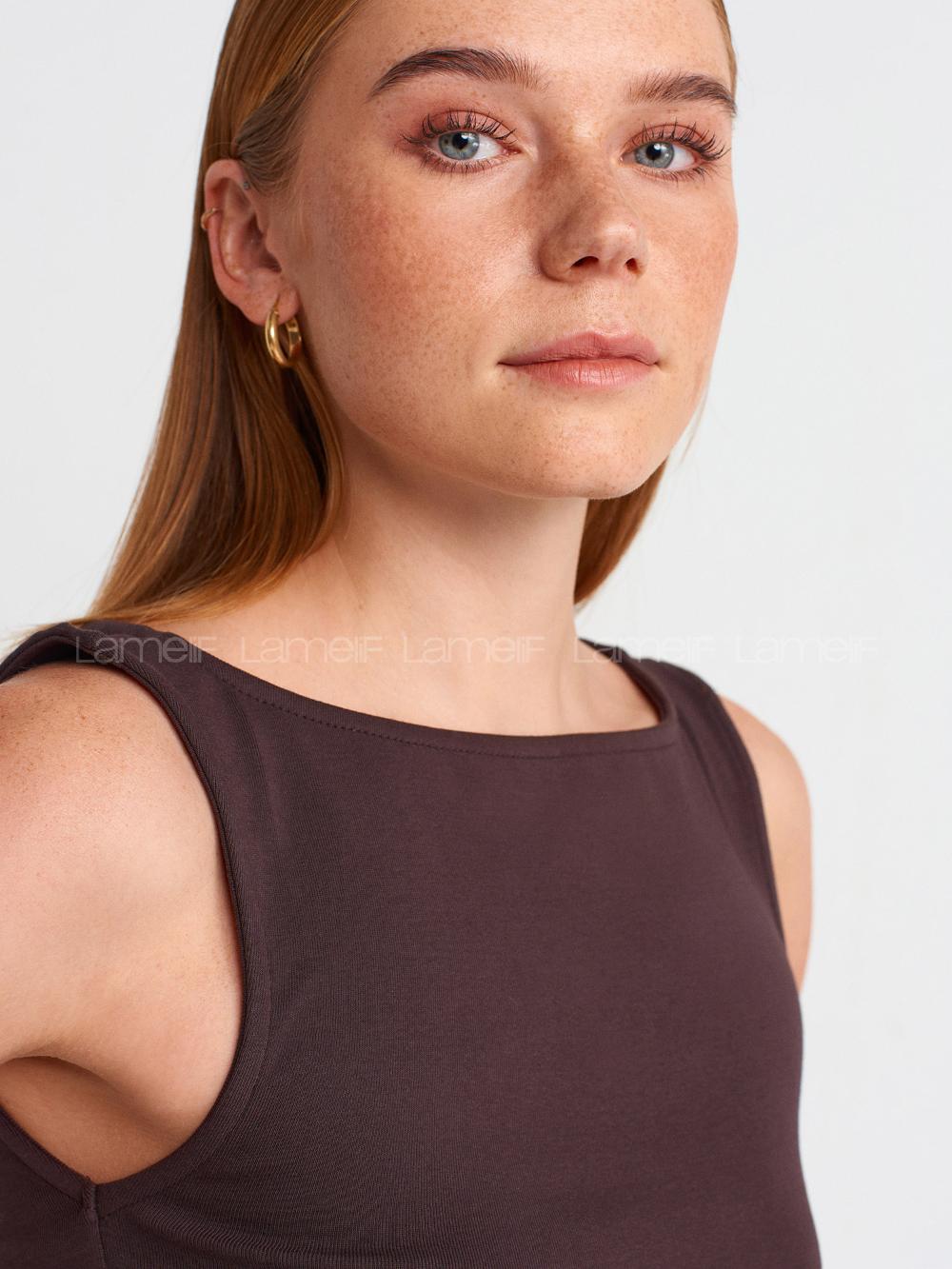 Lamelif DİLVİN 31589 Büzgülü Kayık Yaka Acı Kahve