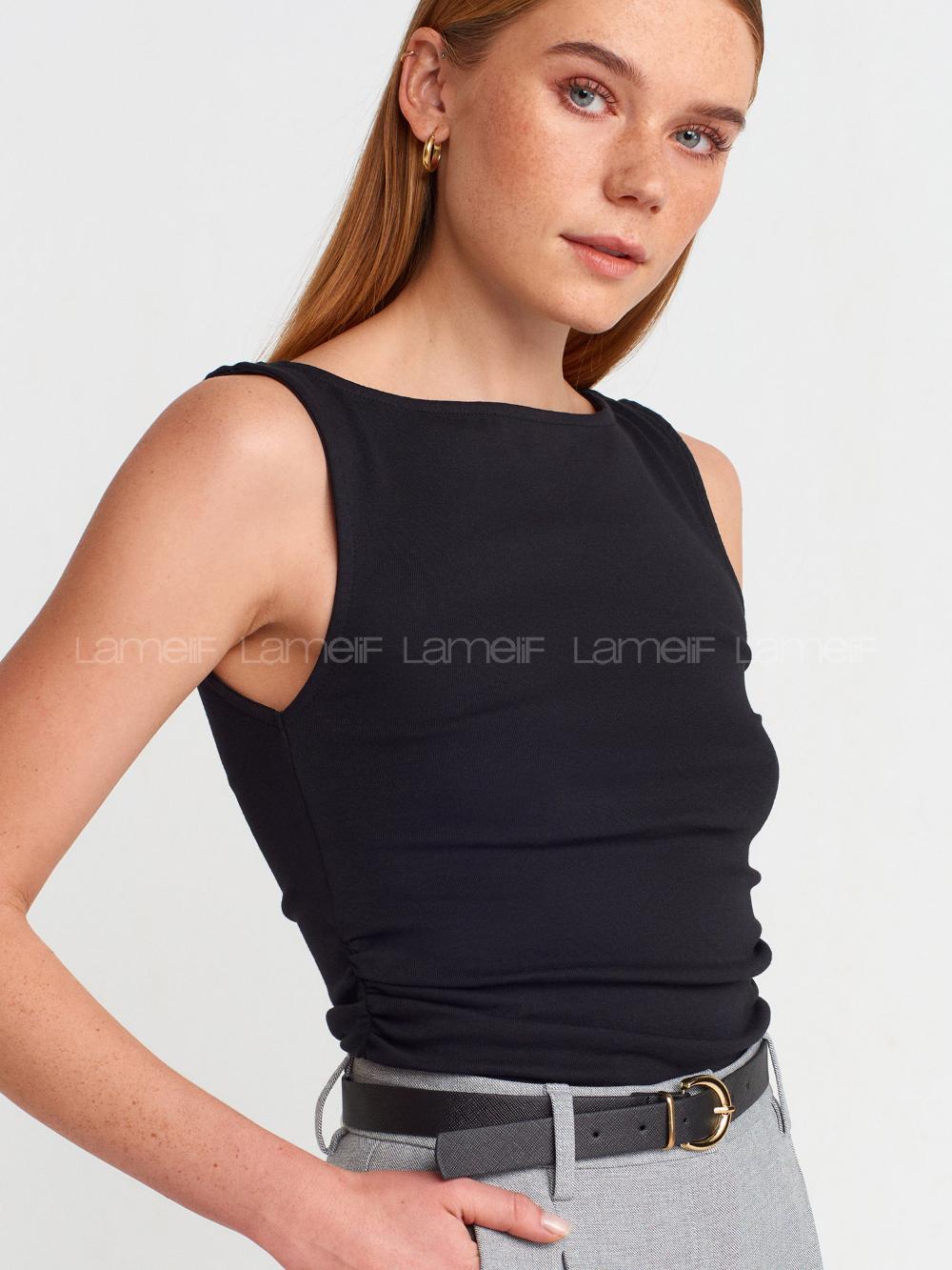 Lamelif DİLVİN 31589 Büzgülü Kayık Yaka Siyah