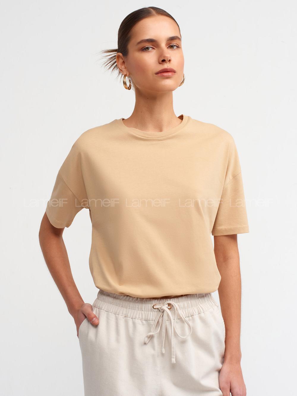Beige Crew Neck Short Arm Cotton Fabric Unprinted T-shirt